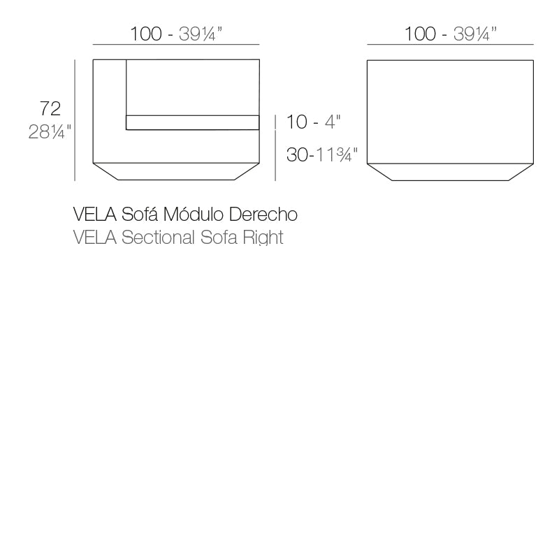 Vela sofa right module dimensions diagram 72 cm height  100cm width | Sofa dimensions